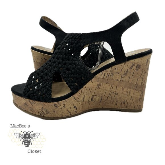 SO Taffy Wedge Heel Sandals Women's Woven Peep Toe With Cork Heel Size 8.5 Black - Picture 11 of 14